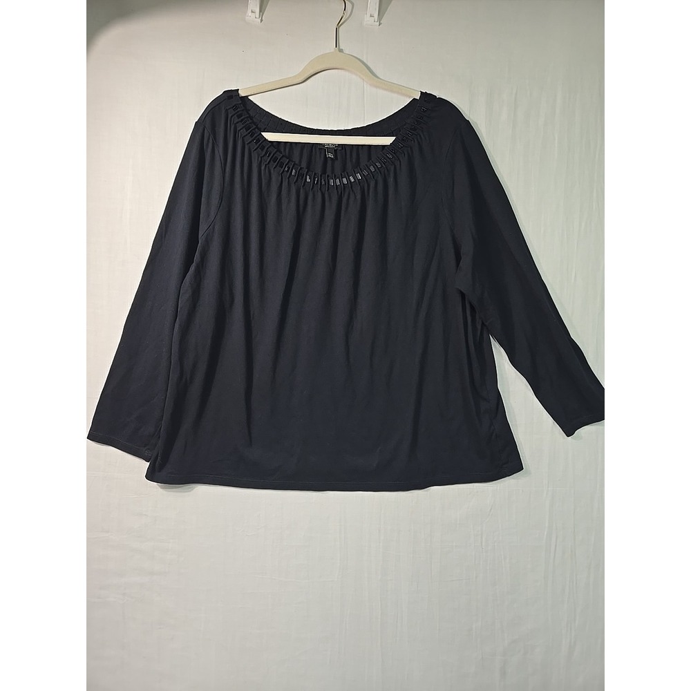 Talbots Women's 3X Petite Black Beaded Neckline Top 3/4 Sleeves‎ Blouse Modal